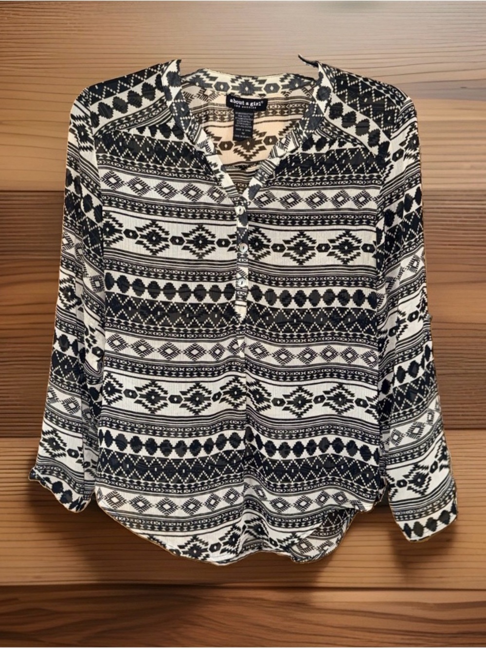 About a Girl Sheer Black & White Geometric/Aztec Button-Front Top-M-EC